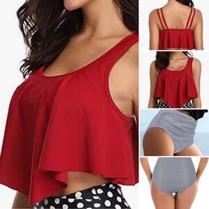 Red Strappy Bikini Top with Striped Bottoms